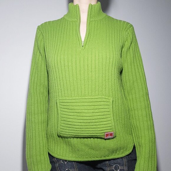Vintage Y2K comfy bright apple green knit sweater ✦ High neck quarter zip-up top - Picture 2 of 15